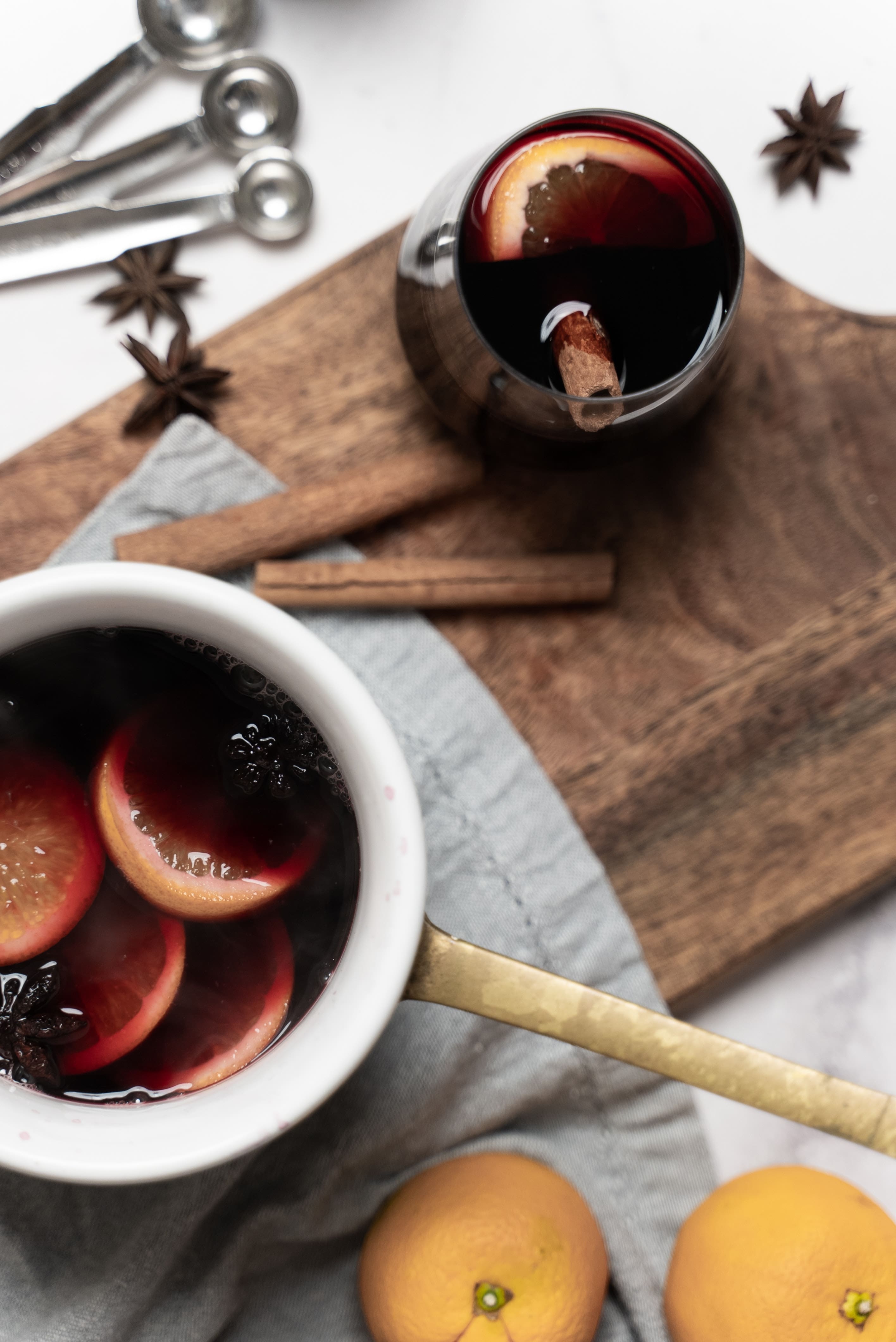 An image of home made mulled wine made with festive seasoning and spices.