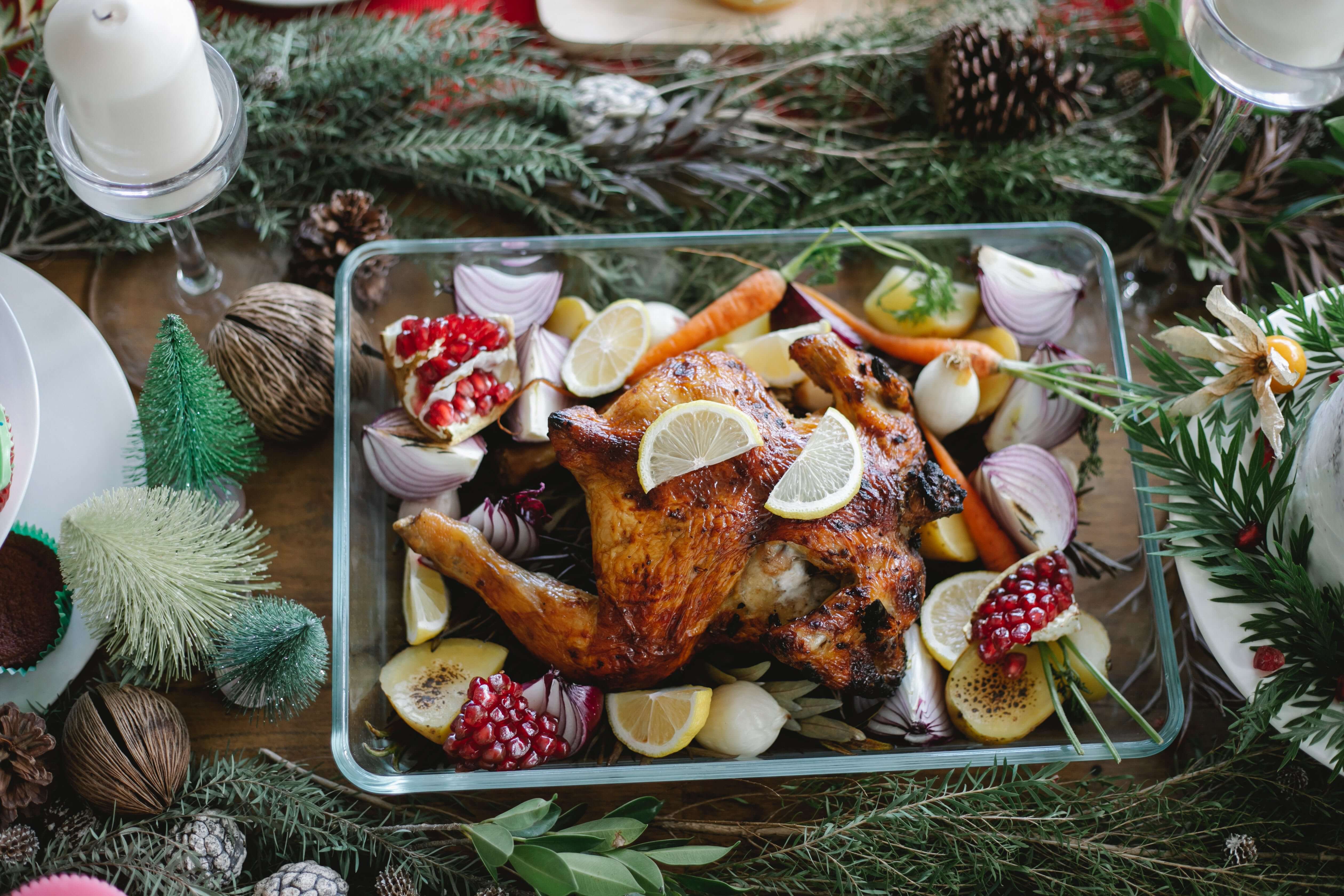 An image of a roast dinner with Christmas herbs and spices.